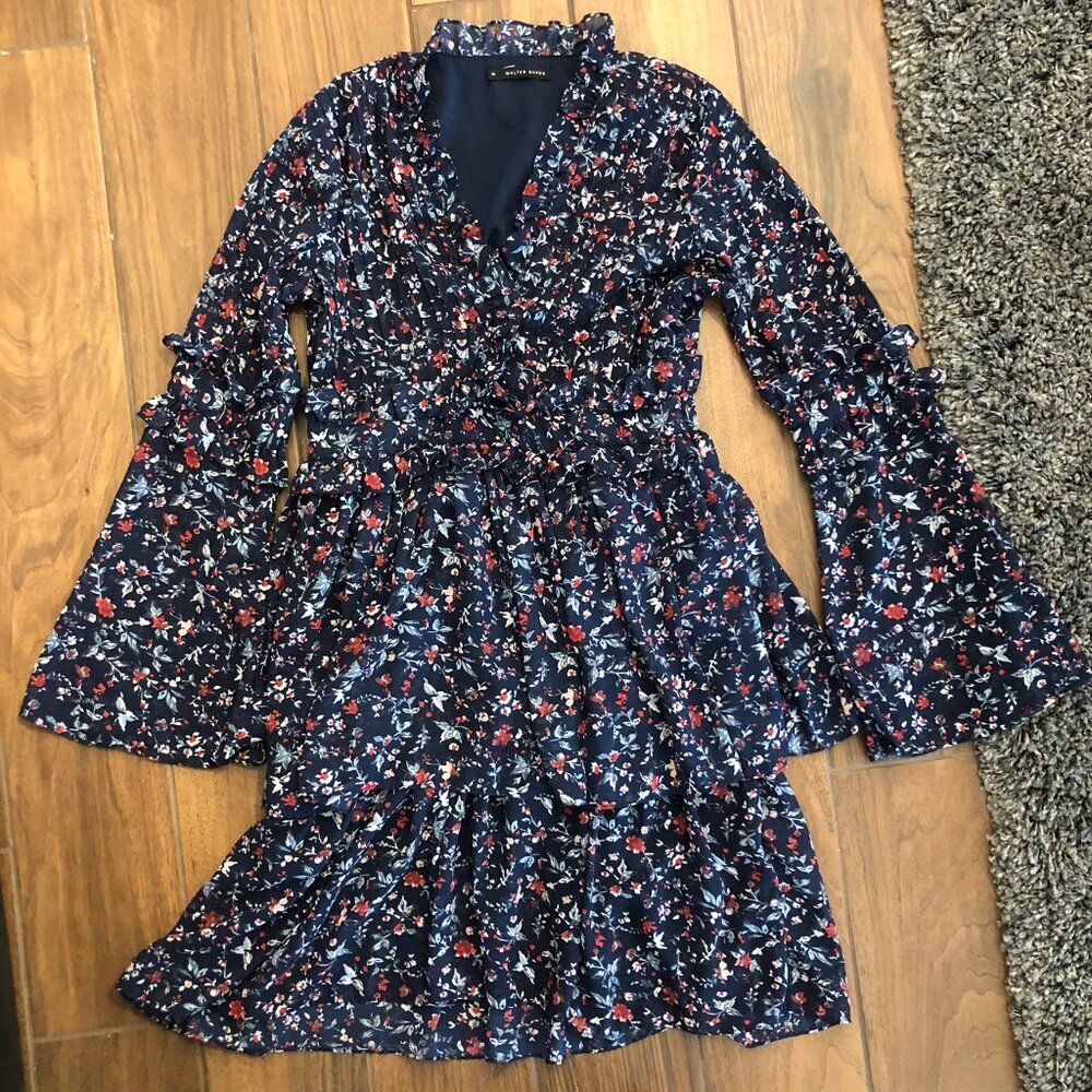 (size 6) Walter Baker Navy Floral Layered Jemma Dress V-Neck Flare Sleeve Ruffle